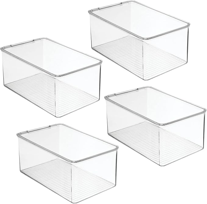 mDesign Stackable Plastic Closet Storage Container Bin Box with Hinge Lid for Organizing Shoes, Booties, Pumps, Sandals, Wedges, Flats, Heels - Lumiere Collection - 4 Pack - Clear