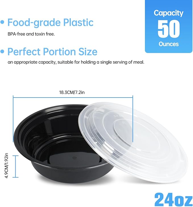 24oz Round Meal Prep Containers, Black, Leak-Proof Stackable Bento Boxes with Lids, BPA-Free, 50 Pack