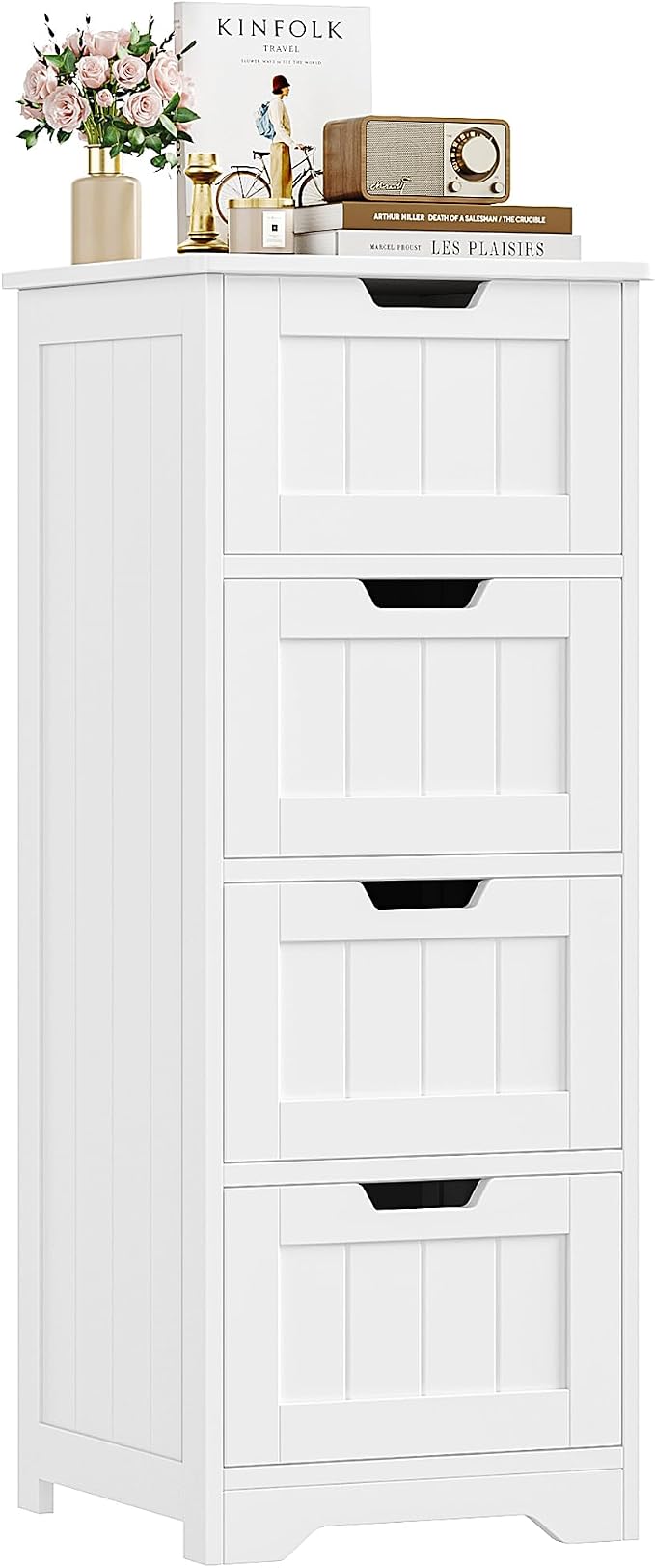 FOTOSOK Bathroom Storage Cabinet, Bathroom Cabinet with 4 Drawers, 11.8 x 11.8 x 32.5 Inches Small Bathroom Storage Cabinet, Freestanding Floor Bathroom Organizers and Storage for Entryway, White