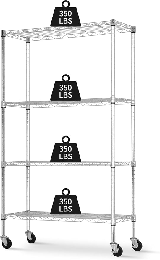 Meet perfect 4-Tier Wire Shelving Unit with Wheels, 1400LBS Heavy Duty Metal Storage Rack, NSF Certified Adjustable Steel Pantry Organizer for Garage, Kitchen, Laundry, 36" W x 14" D x 62" H