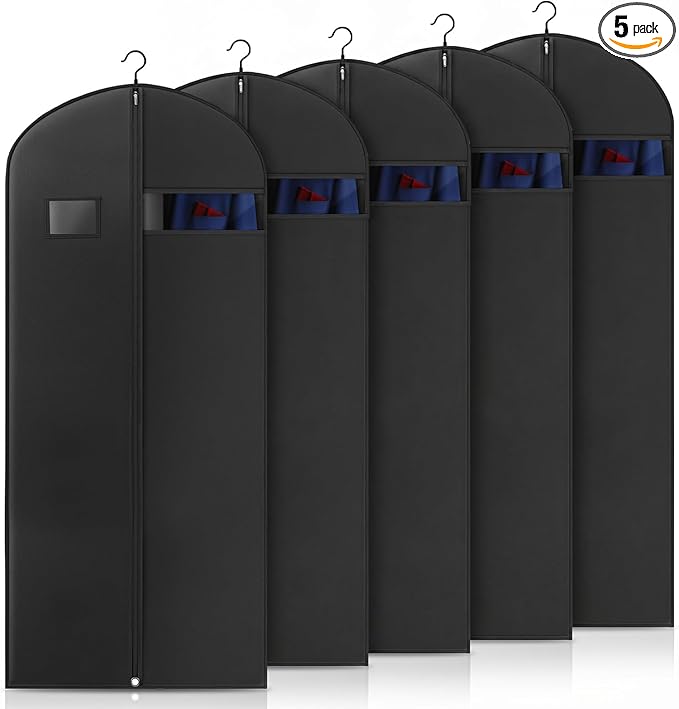 5 Pack 54-inch Suit Bag Garment Bag for Travel and Storage, Garment Bags for Hanging Clothes with Zipper and Visible Transparent Window, Black
