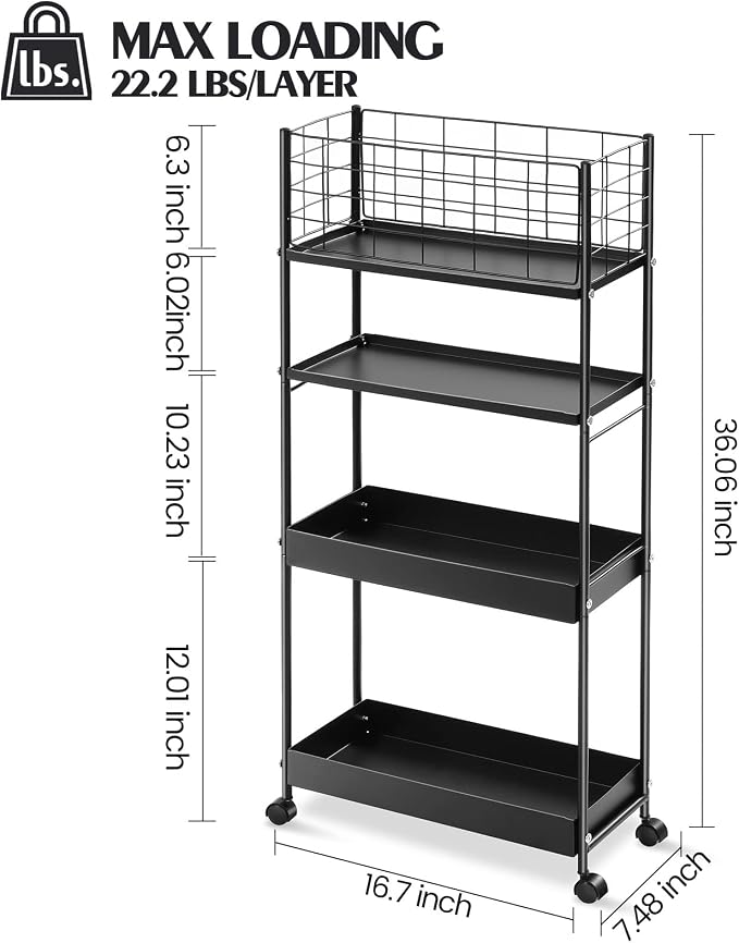 KINGRACK Slim Rolling Storage Cart 4 Tier - Heavy Duty Metal Utility Cart with Raised Edge & Wheels, Narrow Mobile Organizer Shelves for Bathroom, Kitchen, Laundry, Office, Living Room, Black