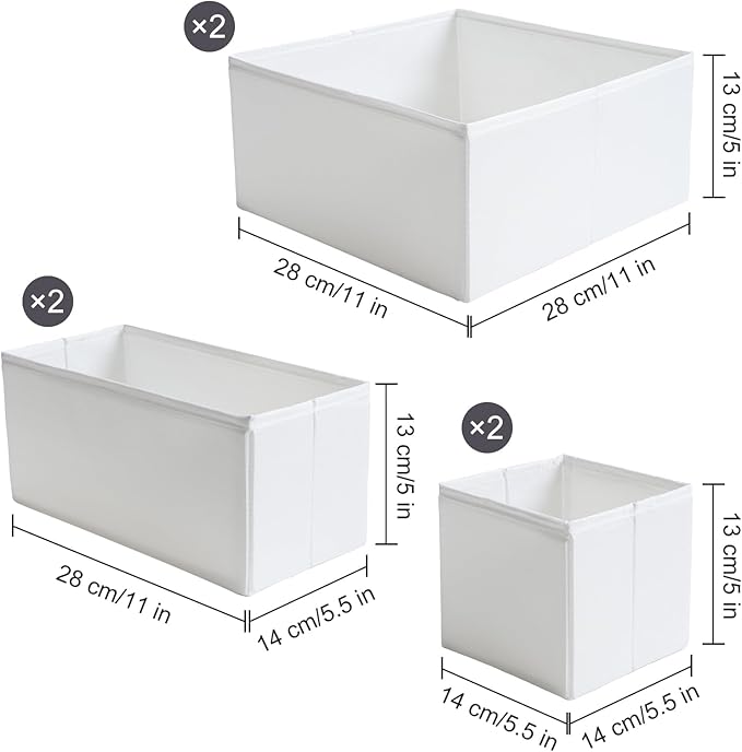 TYEERS Drawer Organizers, Durable Fabric, Washable, with Base Support Boards, Small Storage Boxes for Bathroom, Closet, Dresser, Set of 6, White