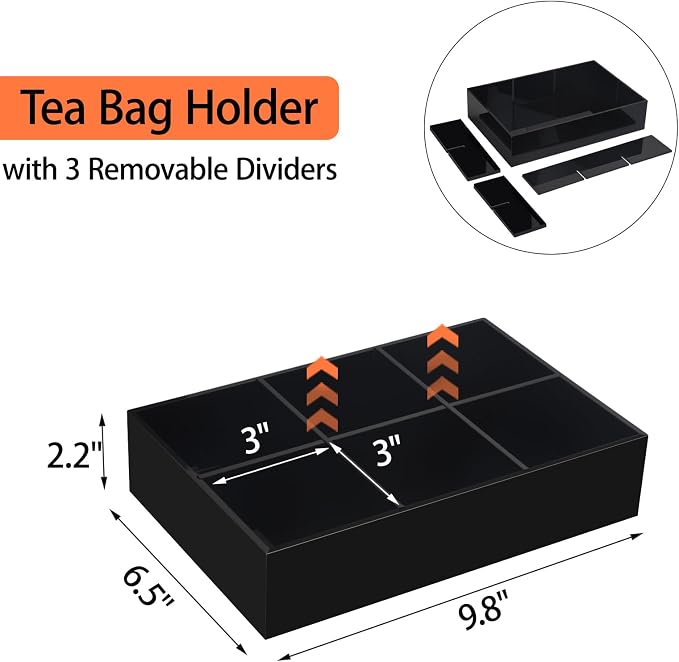 Tasybox Acrylic Tea Bag Organizer, Black Tea Bag Holder, Drawer Organizer | Tea Bag Holder with Removable Dividers, 6 Slot Tea Organizers and Storage for Countertop, Drawer, Pantry, Kitchen, Cabinet
