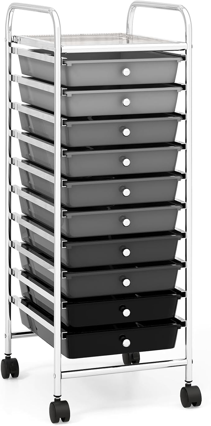 DREAMADE Rolling Cart with Storage Drawers, Utility Cart with Removable Plastic Drawers, Lockable Wheels, Art Cart for Classroom Organization Art Supplies Office Scrapbook (10 Drawers, Mixed-black)