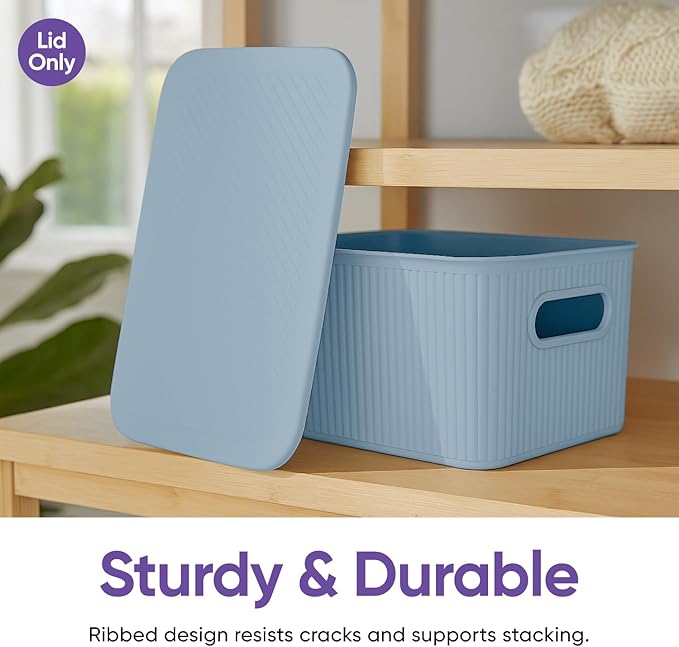 Superio Ribbed Collection - Decorative Plastic Basket Open Home Storage Bins Organizer, Blue (Parent) Container Boxes for Organizing Closet Storage Bins for Shelves (Lid - Medium (5 Liter), 2 Pack)