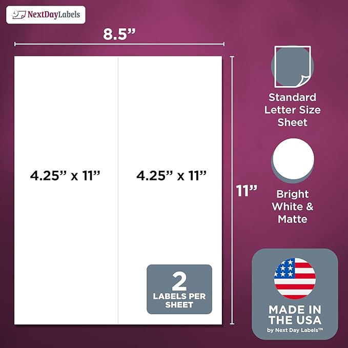 NextDayLabels 4.25x11 Inch Rectangle Stickers White Blank Labels for Laser Inkjet Printer - 2 Per Sheet Self-Adhesive Shipping Packaging Product Made in USA - 200 Labels