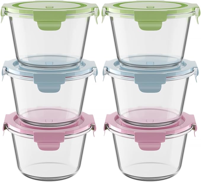 16oz Glass Meal Prep Containers with Lids, Airtight 2 Cup Glass Food Storage Containers Set, Heat-Resistant BPA-Free Container for Soup, Leftovers, Microwave, Oven, Dishwasher & Freezer Safe (6 Packs)