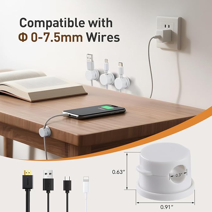AGPTEK 8 Pack Magnetic Cable Clips, 360° Rotatable Cord Holder, White | Cable Holder for Nightstand, Desk Cord Organizer Adhesive Wire Management Home Phone Charging Cords USB Cable Keeper
