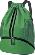 Hoedia Sports Drawstring Backpack - String Swim Gym Bag with Shoes Compartment and Wet Proof Pocket for Women and Men, Dark Green