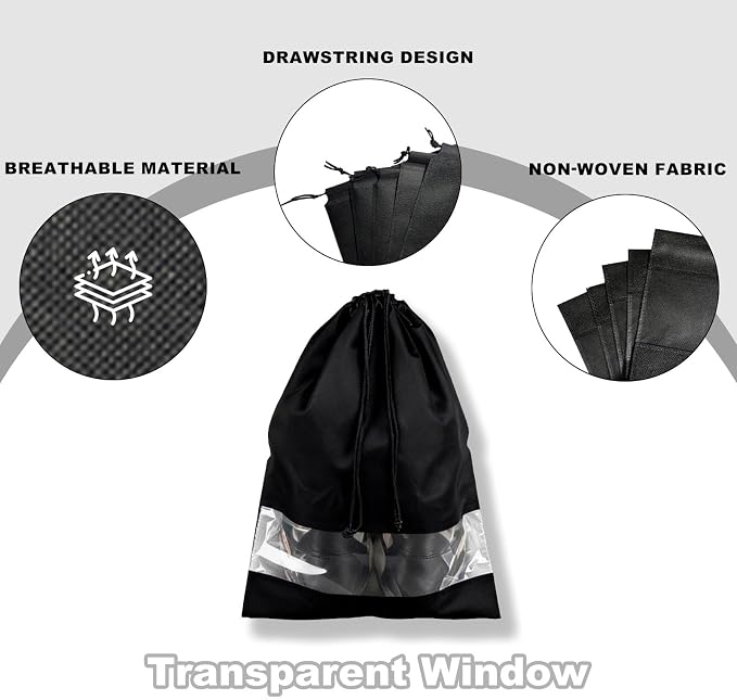 20 Pack Shoe Bags for Travel, 17" x 12.6" Drawstring Shoe Organizers with Clear Window, Breathable Non-Woven Dustproof Pouches for Luggage & Closet (Black)