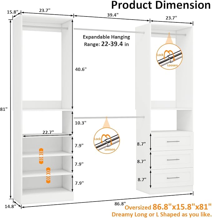 Vomavex Closet System with Drawers of 2 Sets, 4FT-10FT Walk in Closet Organizers and Storage with Hanging Rods & Adjustable Shelves, Free-Standing Modular Closet Systems, White