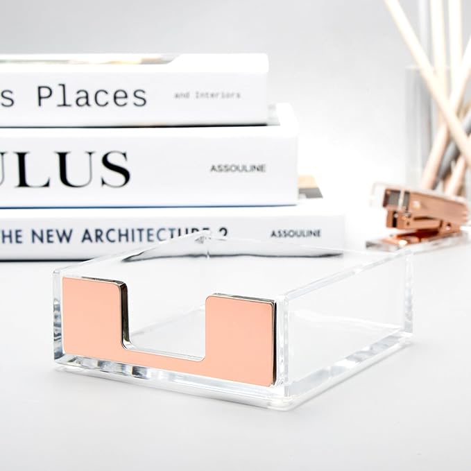 NatSumeBasics Rose Gold Clear Acrylic Sticky Note Holder, Desktop Memo Cube Holder Note Pad Dispenser, Aesthetic Desk & Office Accessories