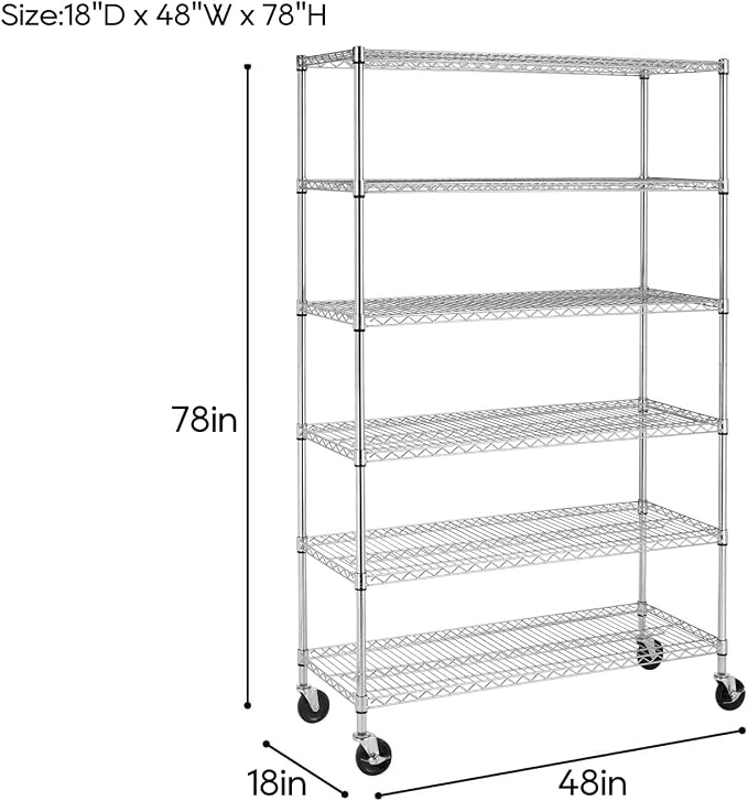 BestOffice | 6-Tier Wire Storage Shelves with Wheels | 18x48x78 | Chrome | Adjustable Racks | Heavy-Duty Metal Shelf, Holds Upto 600 lbs | No-Tool Assembly | Ideal for Home & Garage Shelving