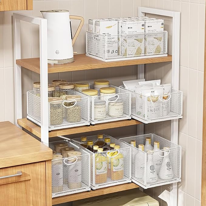 Pull out Cabinet Organizer Fixed with Adhesive Nano Film Heavy Duty Slide out Pantry Shelves Drawer Storage under sink organizer Sliding Mesh Cabinet Basket with Handle for Kitchen (Extra Extended)