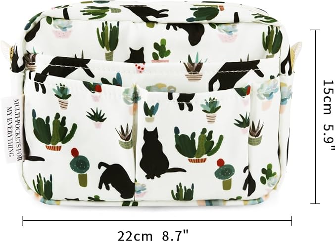 E-WEICHEN Multiple Pockets Portfolio Organizer with Zippered, Makeup Bag Travel Essentials for Women, Simple Waterproof Stationery Pencil Pouch Bag for Journal Office Art Supplies.White Black Cat
