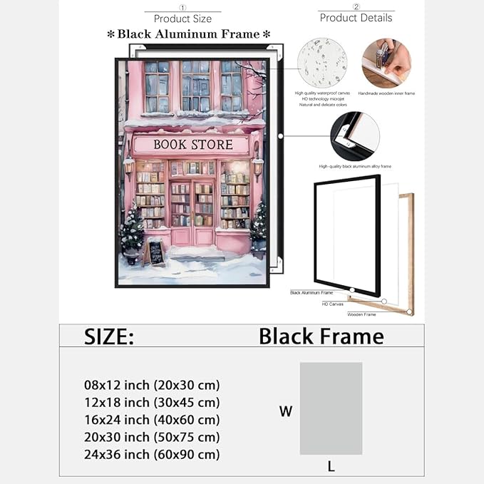 Winter Bookshop Snowy Art Aesthetic Poster Canvas Wall Art Decoration Living Room Home Decor Bedroom Decoration Poster black framed24x36inch
