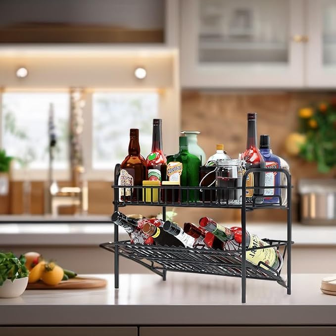 HengLiSam Spice Rack Organizer for Countertop, Heavy Duty Full Solid Metal Kitchen Shelves, 2 Tier Liquor Shelves Freestanding Holder Storage for Kitchen Cabinet Pantry Bottle Rack for Bathroom, Black