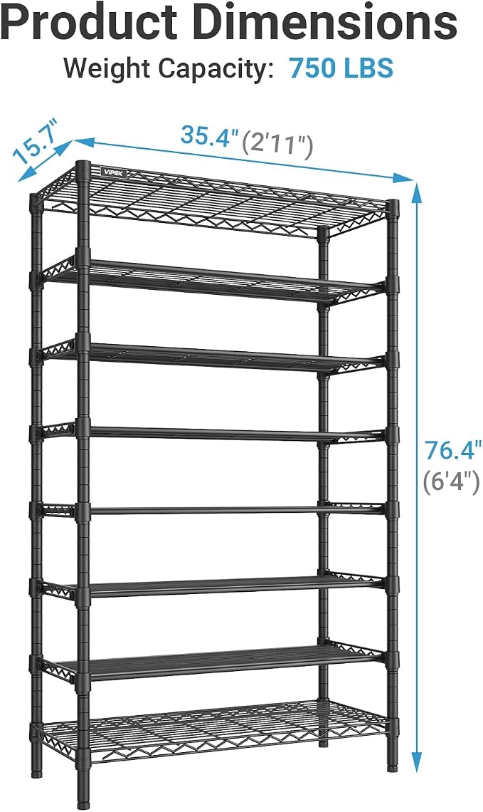 VIPEK S1 Plus Shoe Rack, 8-Tier Extra Wide Heavy Duty Shoe Organizer, Large Capacity Metal Shoe Cabinet Up to 40 Pairs, Adjustable & Detachable Shoe Storage for Entryway/Bedroom/Closet, 750 lbs Black