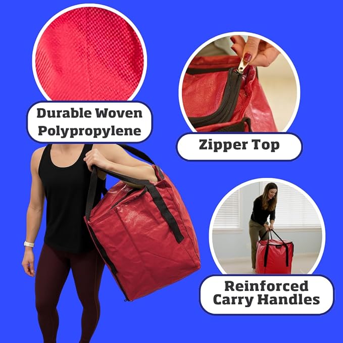 DURASACK Heavy Duty Storage Tote Bag with Zipper Top 22-Gallon Rugged Woven Polypropylene Moving Bag, Reusable Self-Standing Design, Holds up to 500 Pounds, Pack of 4, Red