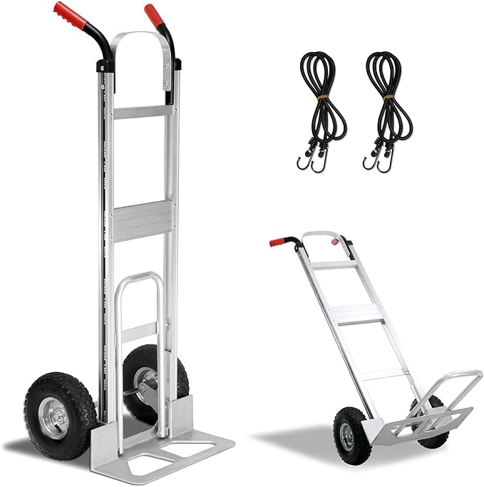 Aluminum Hand Truck 600 LBS Capacity, Handle Heavy Duty Industrial Dolly with 10" Pneumatic Tire and 2 Elastic Cords, Platform Cart for Transport and Moving in Home, Office, Warehouse, Supermarket
