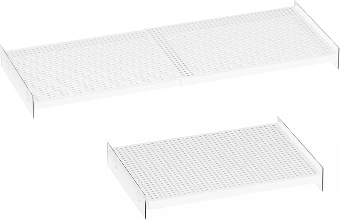 Expandable Closet Tension Shelves Organizers, Adjustable Shelf for Cabinet Rack Storage Wardrobe Divider Shelving for Pantry 2 Pack (Perforated White,W11.81 x L: 17" to 31")
