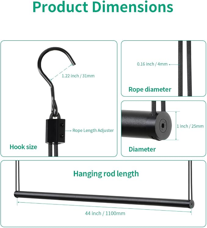 BaiNong Adjustable Closet Hanging Rod 44" Black Closet Rod Extender | Heavy Duty Double Hanging Closet Rod, Walk-in Closets, and Clothes Rack to Maximize Storage Space