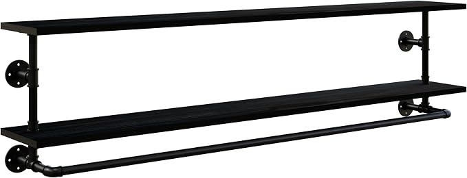 Black Clothes Rack 60in, 2-Tier Wall Mounted Garment Rack with Real Wood Shelf, Heavy Duty Hanging Clothes Rack, Multi-Purpose Hanging Rod, Space-Saving Closet Storage