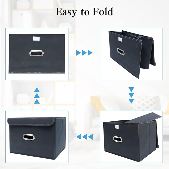STOREONE Fabric Storage Cube Bins Foldable Organizer Container Collapsible Basket with Lids and Metal Handles, for Home, Bedroom, Closet 3 Pcs (Grey)