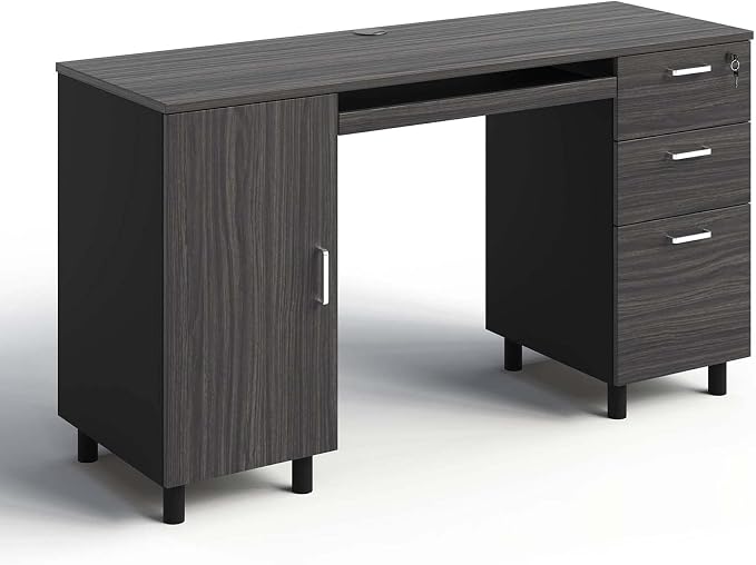 Modern Designs Venice Computer Desk with Lockable Drawers, 53 Inch Home Office Desk with Storage Cabinet, Keyboard Tray & Cable Management, Modern Study Writing Desk for Small Spaces, Black and Grey
