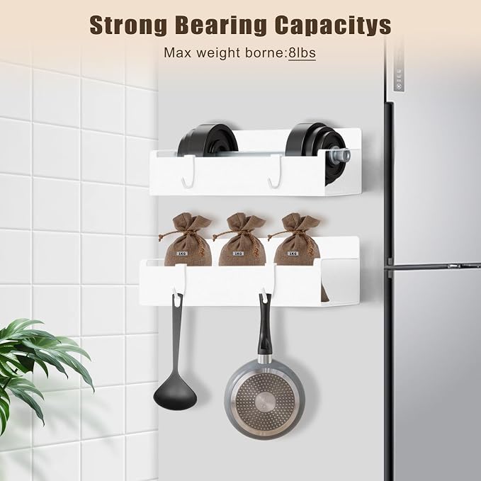 Magnetic Cup Holder for Fridge, Spice Organizer, Stanley Cup & Water Bottle Organizer with Detachable 4 Hooks for Cabinet and Kitchen, White (2 Pack)