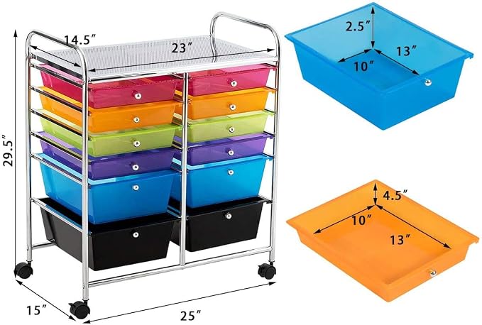 Moccha 12-Drawer Rolling Storage Cart - Under Desk Storage Drawers with wheels for Craft Art Supply Paper Salon, Scrapbook Paper Tools, Mobile Utility Cart for Classroom, Colorful