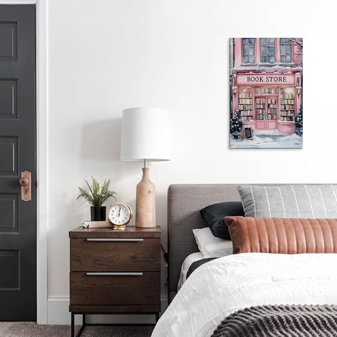 Winter Bookshop Snowy Art Aesthetic Poster Canvas Wall Art Decoration Living Room Home Decor Bedroom Decoration Poster Framed16x24inch