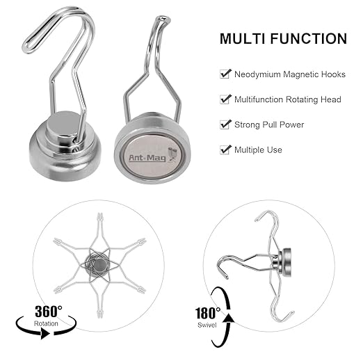 Ant Mag Swivel Magnetic Hooks 50lbs Heavy Duty Grill Magnet Hooks 4 Pack with Scratch Proof Stickers Great for Home Refrigerator Kitchen Store Grill BBQ Office Warehouse (Silver)