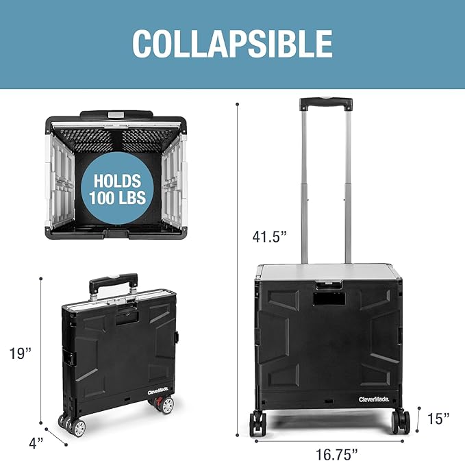 CleverMade Collapsible Rolling Cart with Handle (55L, 4-Wheel) – Folding Rolling Cart, Collapsible Crate with Wheels for Teachers, Travel, Groceries, Storage – Holds 100 lbs, Black