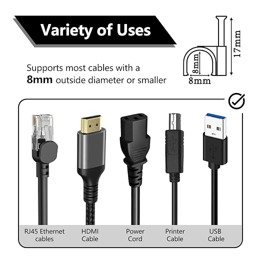 Jadaol Cable Clips 100Pcs 8mm Nail in Clips for Round Ethernet Cables Wall Clips Cable Tacks Electrical Wire TV Cable Speaker Wire Coax Clips Cable Nails for Cords Cat5/Cat5e/Cat6/Cat7 RJ45 Cord Clips
