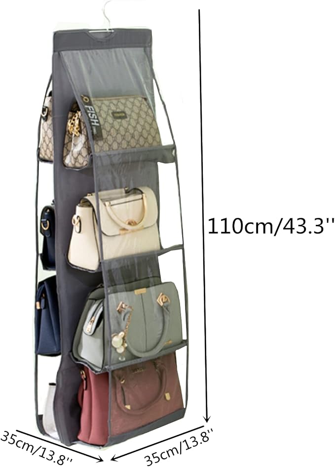 HAN SHENG 8 Pockets Clear Handbag & Purse Organizer Hanging Bag Storage - Space Saving Hanging Shelf for Closet, Wardrobe, Over Door (1 Pack, Grey)