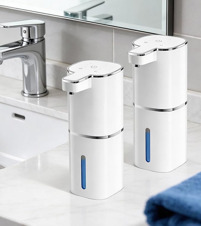 RYTOXILO Automatic Foaming Soap Dispenser Touchless, 2 Pack White Auto Foam Soap Dispensers for Bathroom and Kitchen, 15 Fl Oz Plastic Electric Dish Foamy Dispensers Wall Mount with 1200 mAh Battery