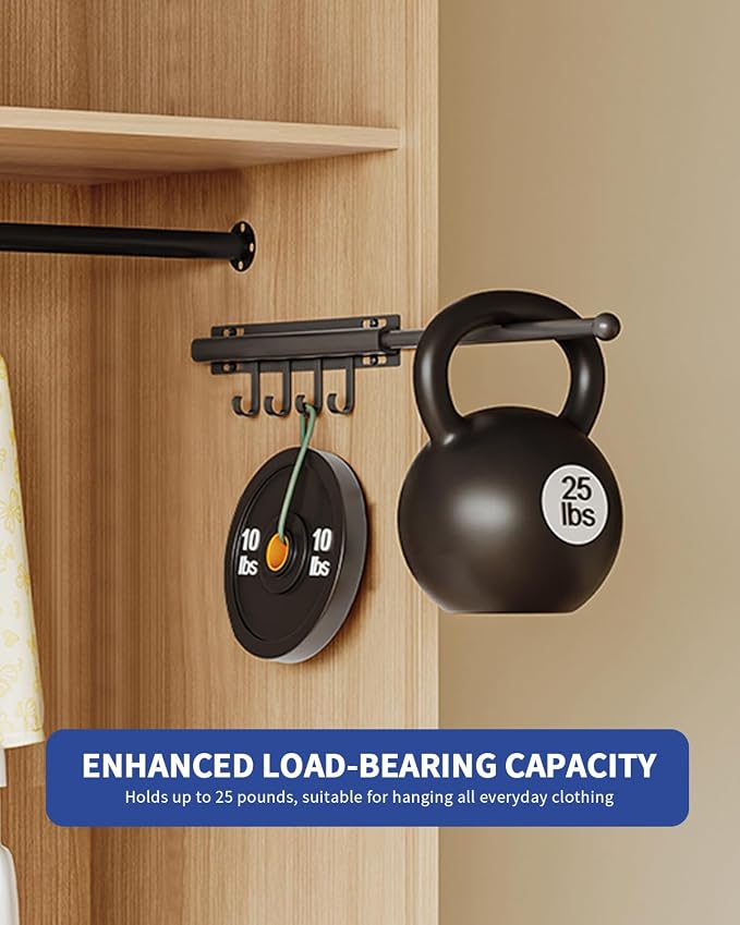BaiNong Valet Rod for Closets Pull Out 12" Black with 4 Hooks (2Pack) | Closet Valet Rod Slide Out for Closets, Laundry Rooms, RVs Space-Saving