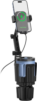 2 in 1 Auto-Clamping Cup Phone Holder for Car, 15W Fast Wireless Charging Cup Holder Phone Mount with Type-C Cable, Adjustable Car Cup Expander for Large Bottles