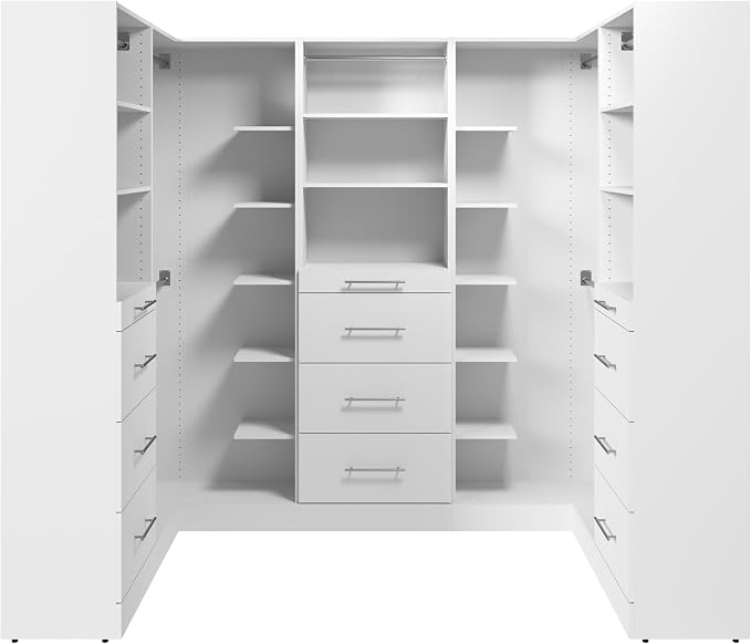 Bestar 95W x 61D Modular U-Shaped Closet Organizer System, Walk-in Closet with Rods, Shelves, and Drawers, Slab Style, Florence Collection, White