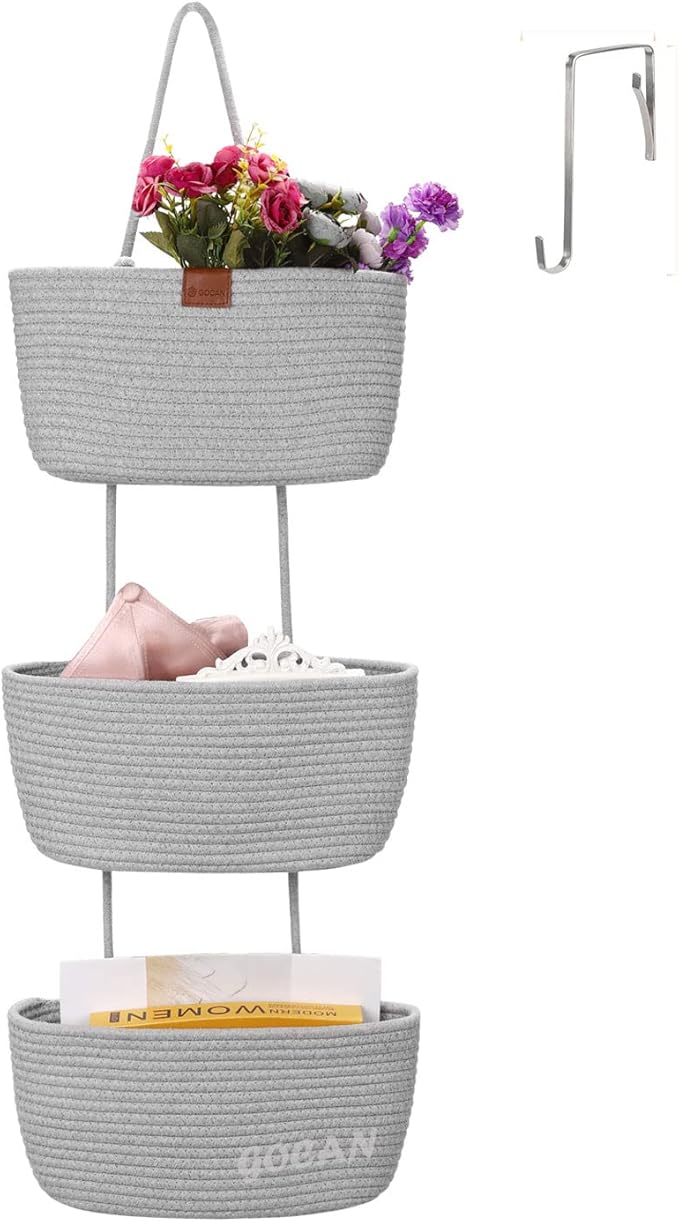 GOCAN Hanging Storage Baskets Over the Door Hanging Basket, 3-Tier Cotton Rope Woven Hanging Organizer, Detachable Decorative Hanging Baskets for Wall Living Room, Bathroom and Bedroom(grey)