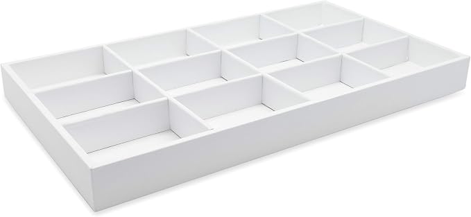The Display Guys - Stackable Jewelry Tray and Organizer - for Drawers, Dressers, Store Display (12 Compartments, White Leatherette)
