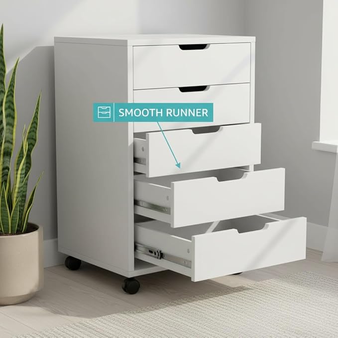 Naomi Home 5-Drawer Rolling Chest, White, Smart Storage with Metal Slide Glides & Smooth Wheels, Compact Space-Saver, Easy Assembly, Durable Engineered Wood