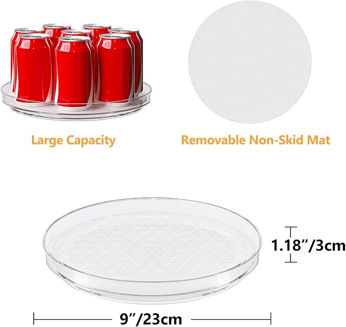 Lazy Susan Turntable Organizer (2 Pack), 9 Inch Non-Skid Clear Rotating Spice Rack for Kitchen Cabinet, Pantry, Fridge, Tabletop, Round Spinning Tray for Bathroom Countertop, Makeup Vanity, Under Sink