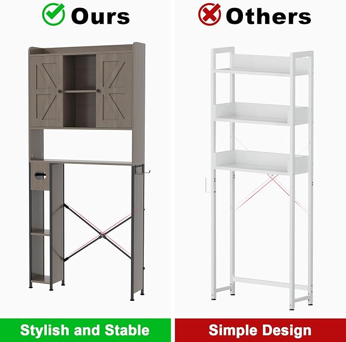 EasyCom Over The Toilet Storage Cabinet with Metal Frame and 7 Storage Shelves, Bathroom Organizer with Adjustable Shelves and Paper Holder, Farmhouse Storage Cabinet for Bathroom, Laundry, Oak Grey