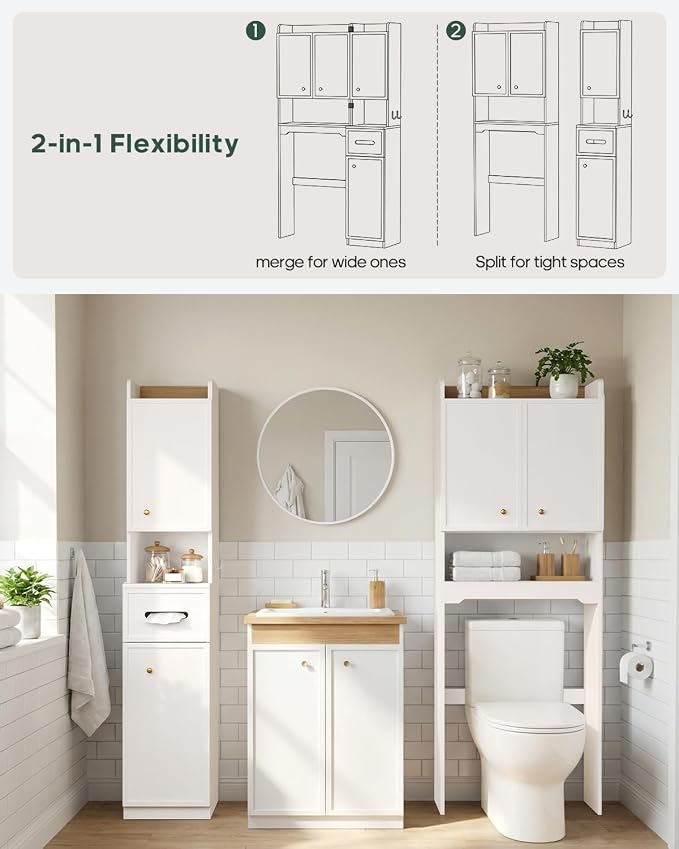 7-Tier Over Toilet Storage Cabinet, 2-in-1, Separable Bathroom Storage | Over-Toilet and Tall Narrow Cabinet, with Doors, Adjustable Shelf, Big/Small Room, Laundry, Tissue Holder, Anti-Tip, White