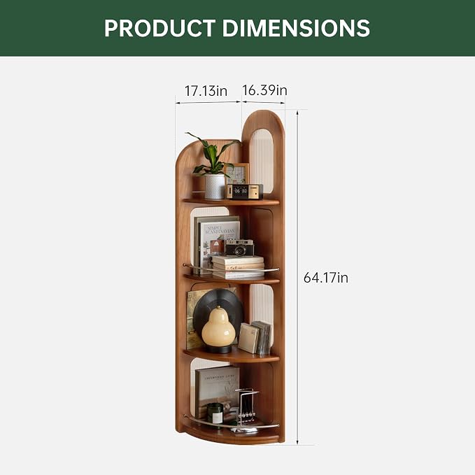 4-Tier 100% Solid Wood Corner Bookshelf, 64” Tall Mid Century Modern Corner Shelf Display, Open Storage Bookcase for Home Offie, Living Room (Cherry Wood)
