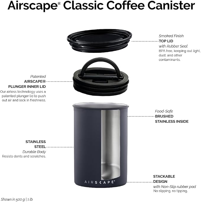 Planetary Design Airscape Stainless Steel Coffee Canister | Food Storage Container | US Patented Airtight Lid | Push Out Excess Air Preserve Food Freshness (Medium, Matte Yellow)