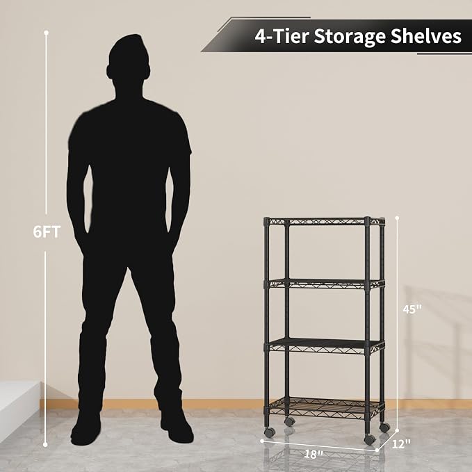 Golpart Small Shelves Storage Wire Metal Adjustable Shelf Unit with Wheels | 4 tier Shelving Organizers Storage Shelving for Bathroom Laundry Room Kitchen Pantry 11.7”D x 17.7”W x 44.8”H Black